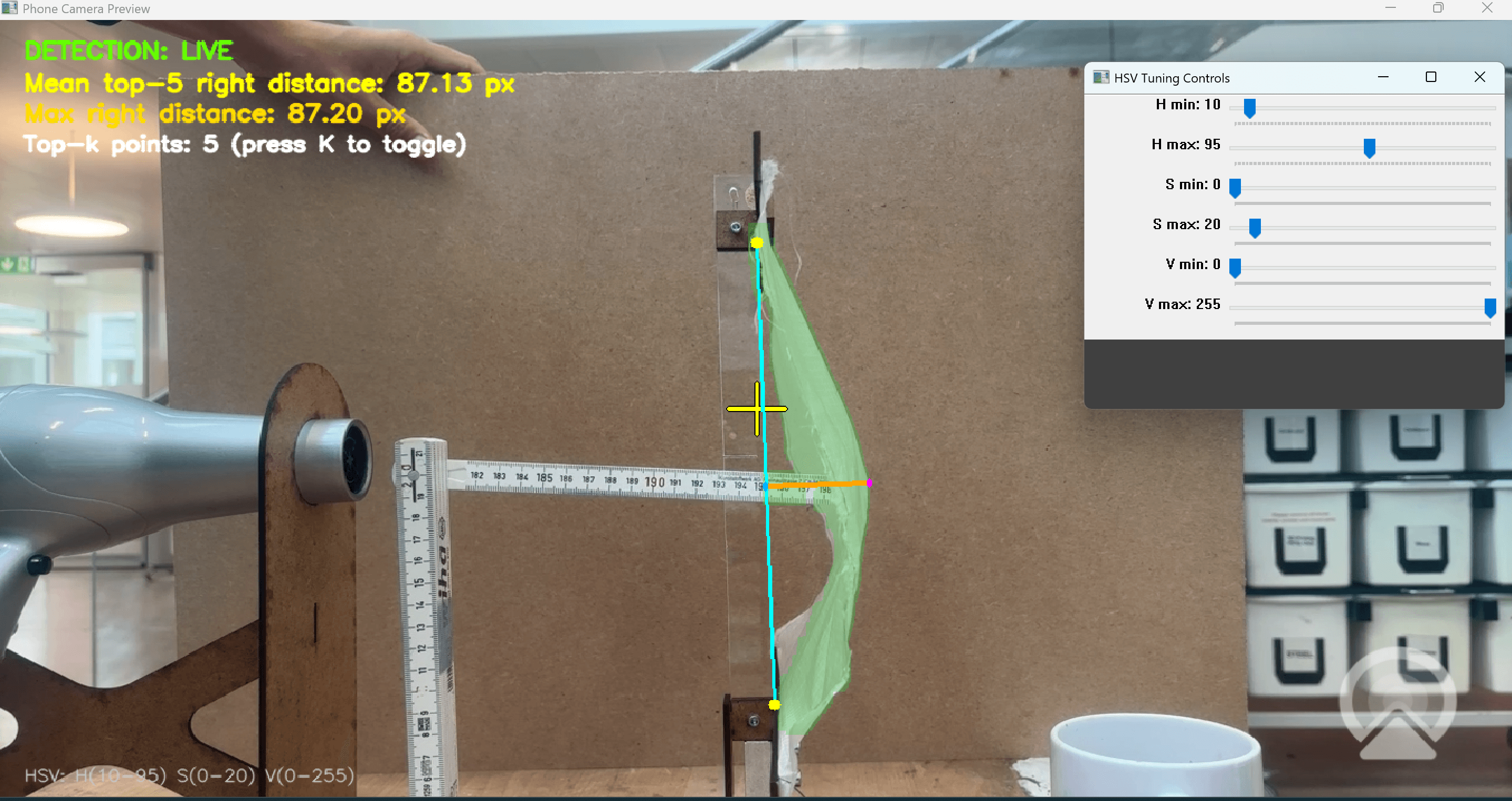 Live camera view with marker tracking overlay from the measurement system
