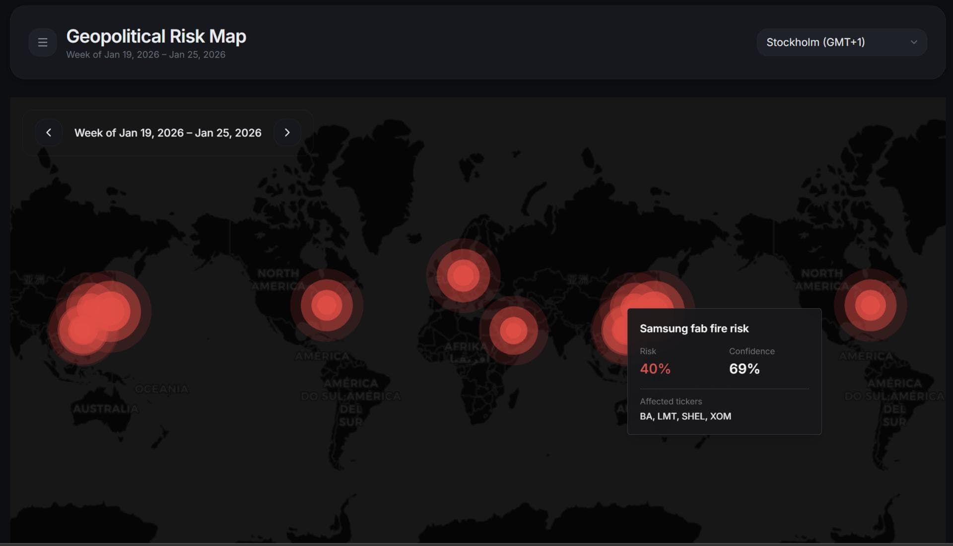 Geopolitical risk map produced by the Market Whisperer prototype
